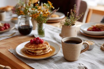 Fototapeta premium Family enjoying breakfast with pancakes and fresh flowers on the table