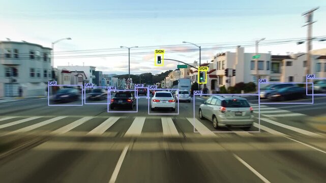 Autonomous Driving Vision System Detecting Cars, People, And Traffic Lights On A Busy Urban Street Using Artificial Intelligence And Real-Time Image Recognition.

