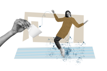 Composite photo collage of happy girl dance weekend occasion hand offer cup beverage energetic coffee isolated on painted background