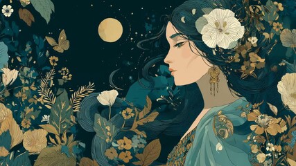 Vintage print of a mystical woman with plants at night. Art Nouveau and ethereal design - Powered by Adobe