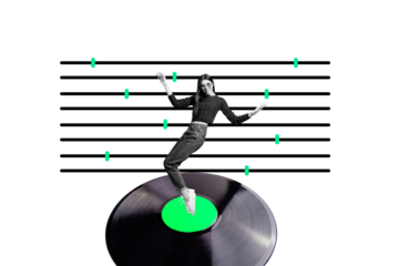 Composite photo collage of happy girl dance retro vinyl disk mixer console volume weekend relax dj studio isolated on painted background