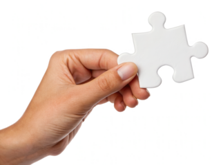 A hand holding a single white puzzle piece against a black background, symbolizing problem-solving or missing elements.