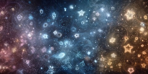 Fototapeta premium Celestial field filled with glowing abstract symbols and luminous star shapes illuminates a cosmic expanse.