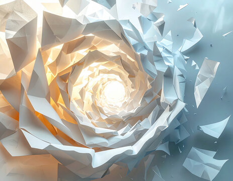 Abstract spiral floating paper fragments drifting poetic art background soft light white orange glow swirling tunnel of folded paper fragments drifts toward bright light, soft gradients and gentle