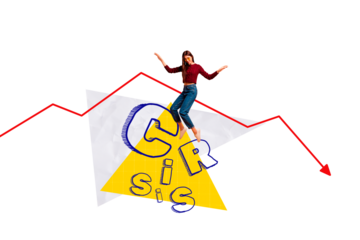 Creative collage young funky woman dance crisis economy recession problem direction stock inflation devaluation drawing background