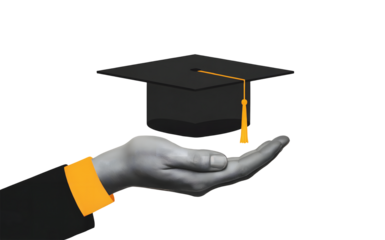A graduation cap resting on an open hand against a solid black background in a digital rendering on transparent background