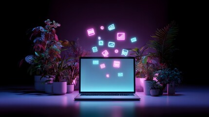Glowing digital interface icons float above an open portable computer surrounded by potted foliage in darkness