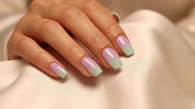A female hand showcases elegant square-shaped ombre nails with purple and green polish on a soft fabric.