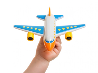 A hand holds a colorful toy airplane with blue wings and yellow wheels, showcasing its playful design.
