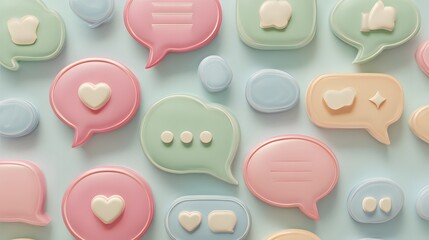 Assortment of pastel colored speech bubbles featuring interaction icons are displayed against a light background