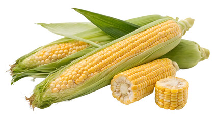 Fresh corn on the cob with green husk cut out on PNG. AI GENERATED.
