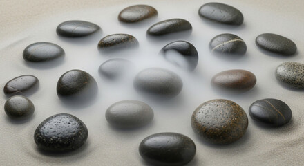 Tranquil Scene of Smooth River Stones on Sand with Gentle Mist Swirling in Seamless Loop
