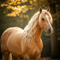 Naklejka premium AI Generated image of a stunning palomino horse with a flowing wavy mane illuminated by the warm golden light of autumn.