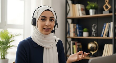 Serene Communication: A woman with headscarf, immersed in a focused dialogue, is using headset, creating a picture of effective interaction in a professional workspace.