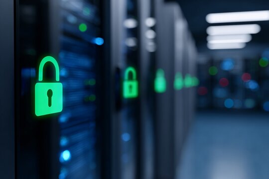 Secure server room illuminated by blue ambient lighting and green padlocks