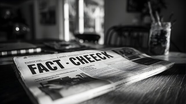 Newspaper featuring the headline 'Fact Check' rests upon a wooden surface in low light