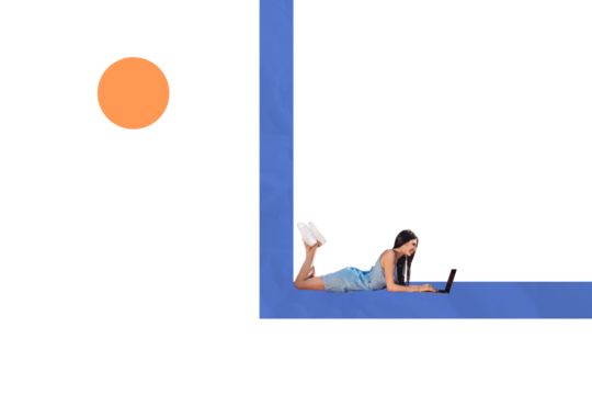 Composite photo collage of happy girl lay indoor type macbook device freelance work sun weather occupation isolated on painted background