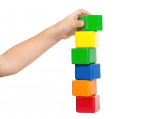 A hand holds a tower of colorful stacking blocks in various shapes and sizes.