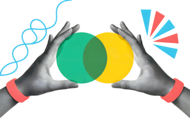 Two hands holding overlapping green and yellow circles with abstract shapes on transparent background