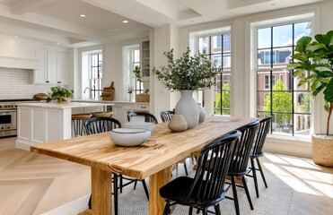 Fototapeta premium a minimalist dining room with natural wood furniture, black chairs, and plants in the background, white walls, and large windows.