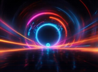 Obraz premium Glowing neon lights illuminate a futuristic tunnel with a portal. The colors, hinting at energy, create a mesmerizing visual effect. The reflection on the ground adds depth and dimension.