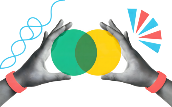 Two hands holding overlapping green and yellow circles with abstract shapes on transparent background - Powered by Adobe
