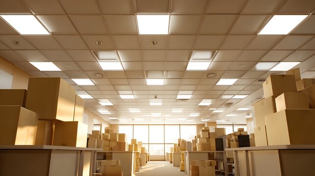 Numerous stacked cardboard containers fill a brightly lit interior storage area with a grid ceiling