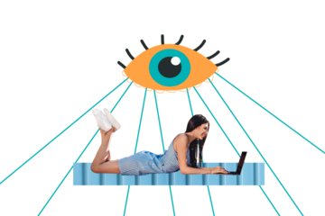Composite trend artwork image photo collage of huge eyes watch vision allseeing control freemason young lady lying type computer spy cyber