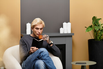 Young man enjoying coffee and reading in a cozy apartment setting with warm hues