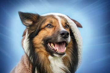 Happy Border Collie with cozy hood on blue background, smiling dog portrait in winter style