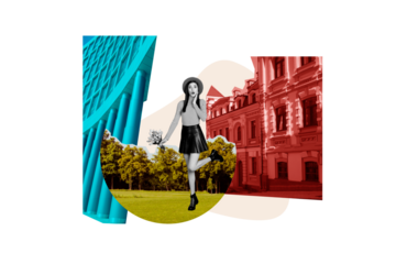 Creative collage young shocked woman flowers bouquet traveler excursion sightseeings city town tourist agency drawing background