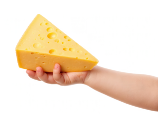A hand holds a triangular piece of yellow cheese with holes, showcasing its textured surface.