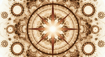 Abstract Golden Mechanical Gears and Compass Rose Design with Bright Center Light