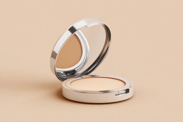 Compact cosmetic pressed powder rests open with mirror reflecting product color against a soft neutral background