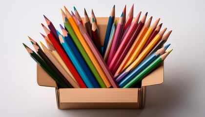 Fototapeta premium a cardboard box overflowing with vibrant colored pencils some neatly arranged inside others spilling out showcasing a variety of sharpened points and hues against a plain white background