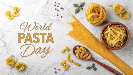World Pasta Day, Creative overhead photo of colorful pasta dish on bright white plate