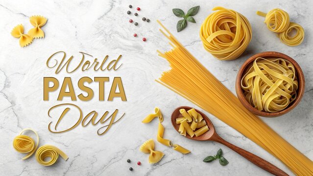 World Pasta Day, Creative overhead photo of colorful pasta dish on bright white plate