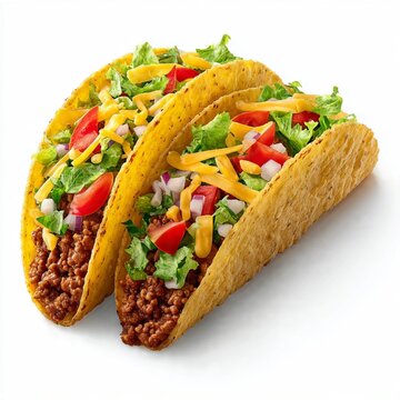Two Crispy Hard Shell Tacos with Seasoned Ground Beef, Cheddar Cheese, and Fresh Vegetables Isolated on White