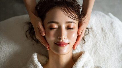 エステでフェイシャルマッサージを受ける若い女性