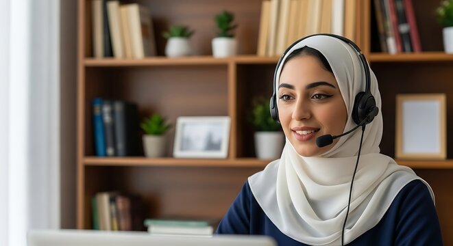 Empathetic Communication: A woman confidently wears a headset, her warm expression radiating professionalism and a welcoming presence as she engages in a focused work environment.