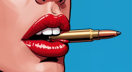 Close Up of Lipstick Lip Makeup with Bullet Pen on Blue Background