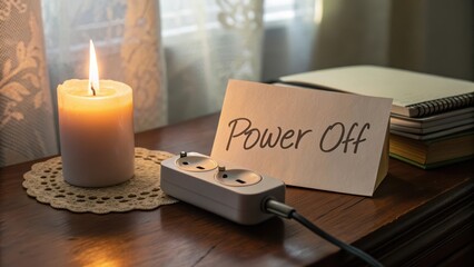 Candle with flame near an unplugged charger and note saying Power Off