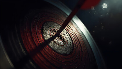 Crimson dart embedded in bullseye with burgundy rings and golden light detail         


