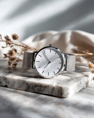 Minimalist metallic wristwatch rests upon a textured stone slab with dried flora accents