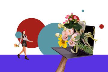 Creative collage picture young stylish girl walk laptop computer screen bunch flowers bouquet present birthday holiday greeting
