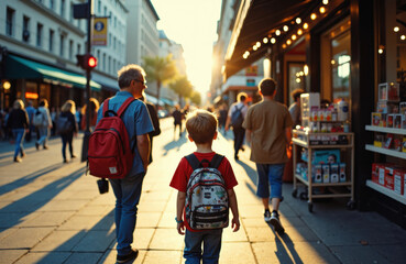 Obraz premium Woman and children walking on city street during sunset with shops and pedestrians
