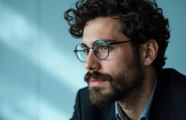 Obraz premium Thoughtful man with curly hair and glasses looking away in a professional setting