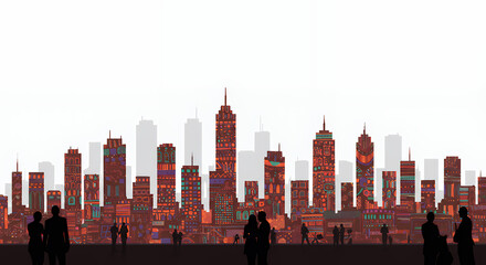 Colorful Modern City Skyline Silhouette with People in Urban Park