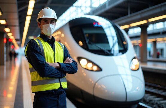 Woman wearing safety gear and face mask standing on train platform with high-speed train in background - Powered by Adobe