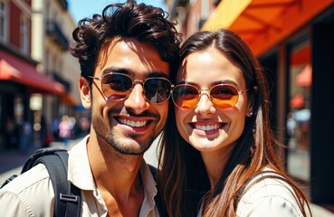 Smiling young couple wearing sunglasses enjoying a sunny day outdoors
